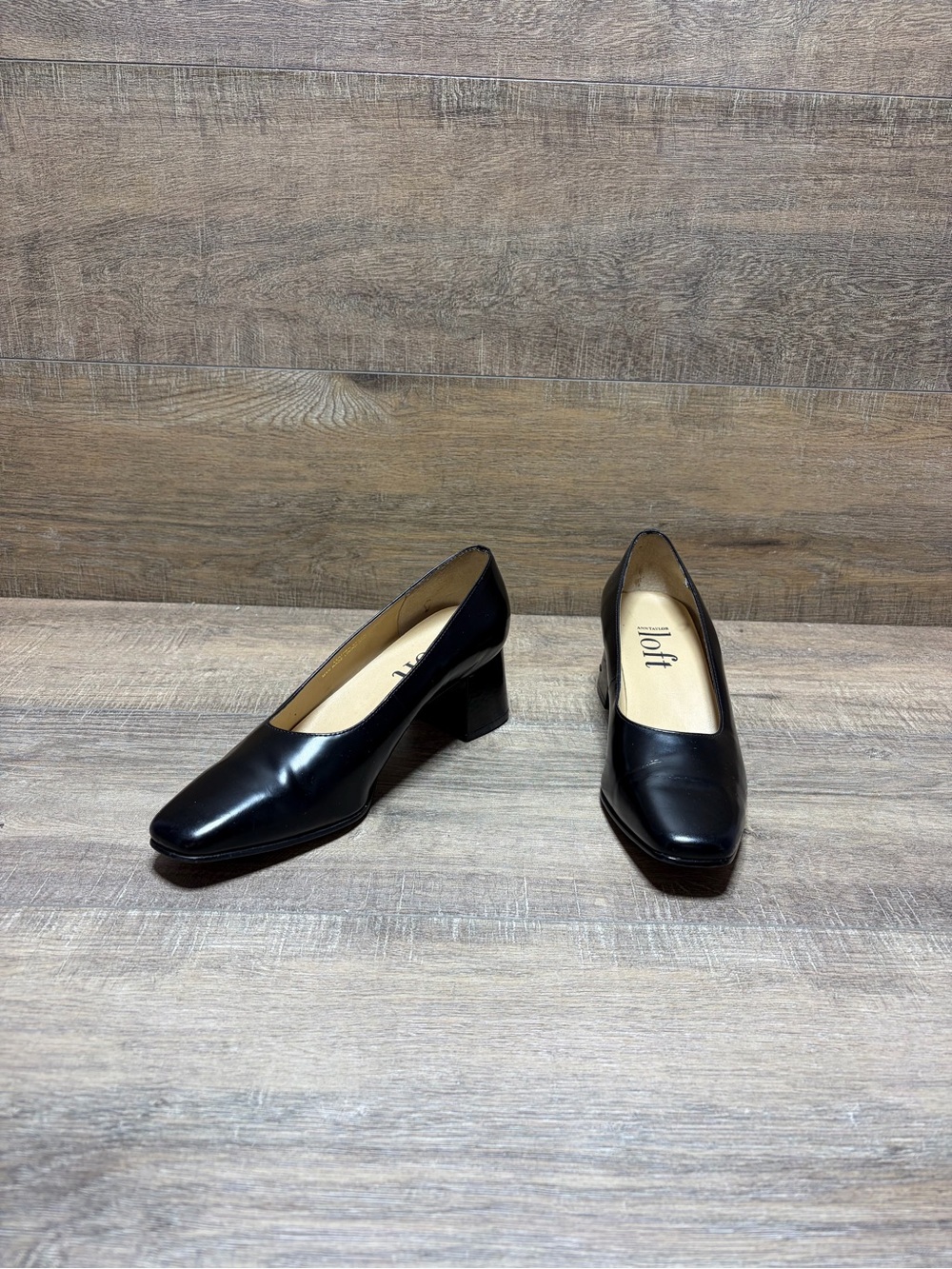 LOFT Black Square-Toe Low Block Heel Pumps